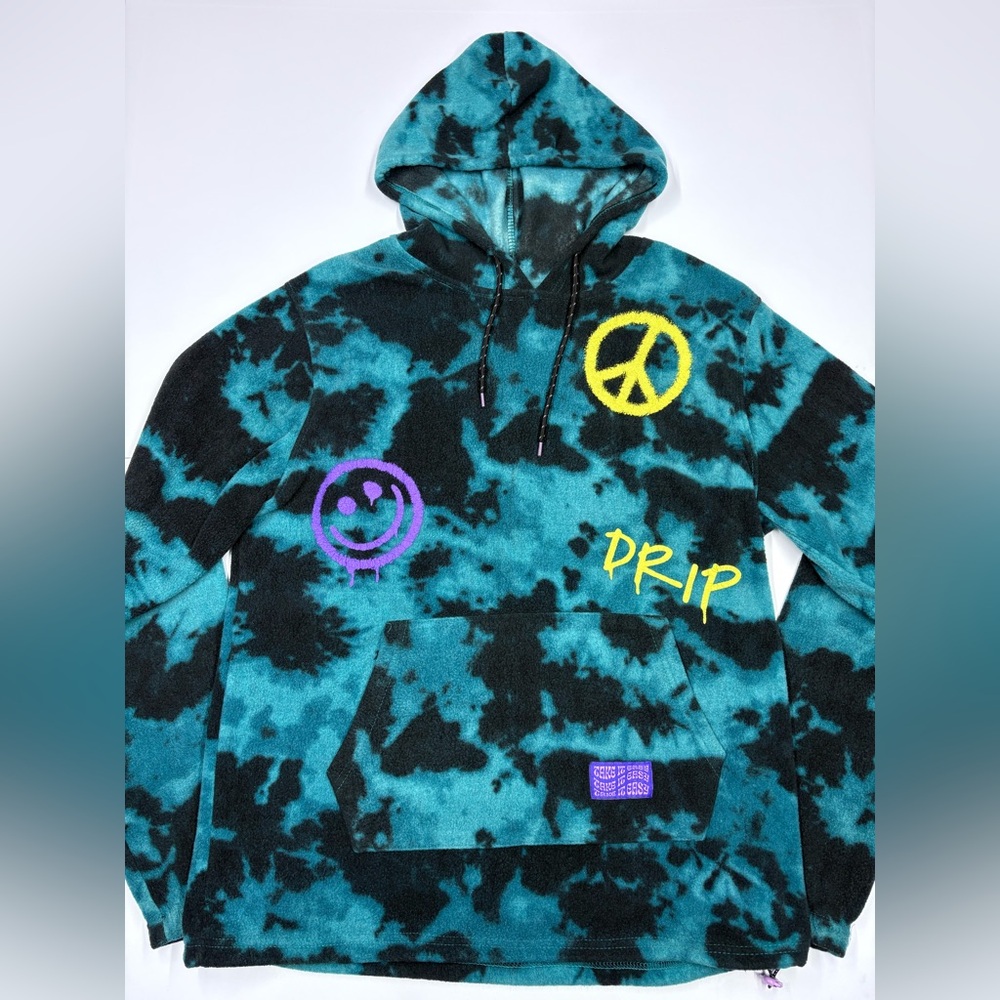 Oversized Tie Dye Graphic Hoodie Smiley Face Streetwear Pullover Size L